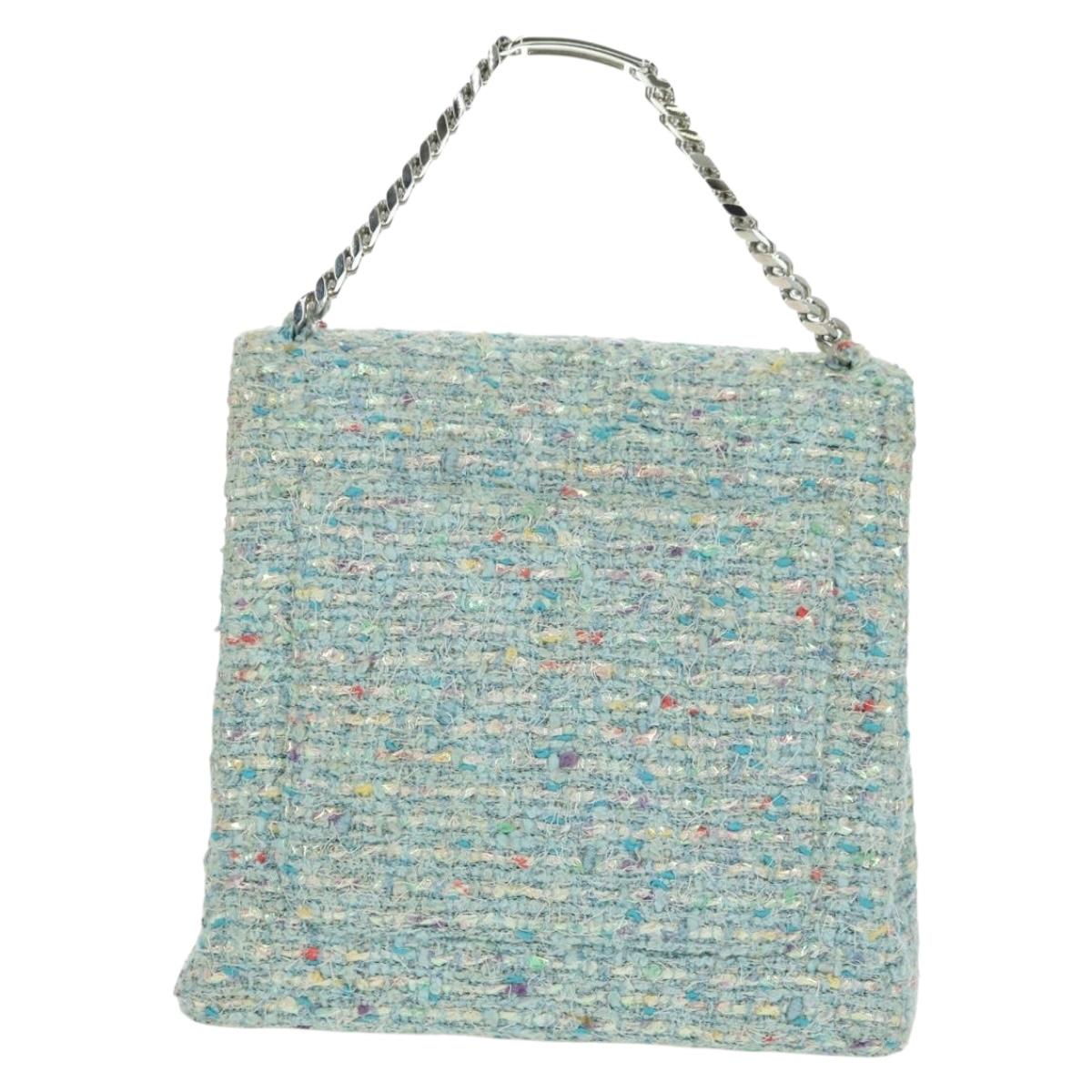 CHANEL Chain Hand Bag Tweed Light Blue Silver CC Auth 177972SV
