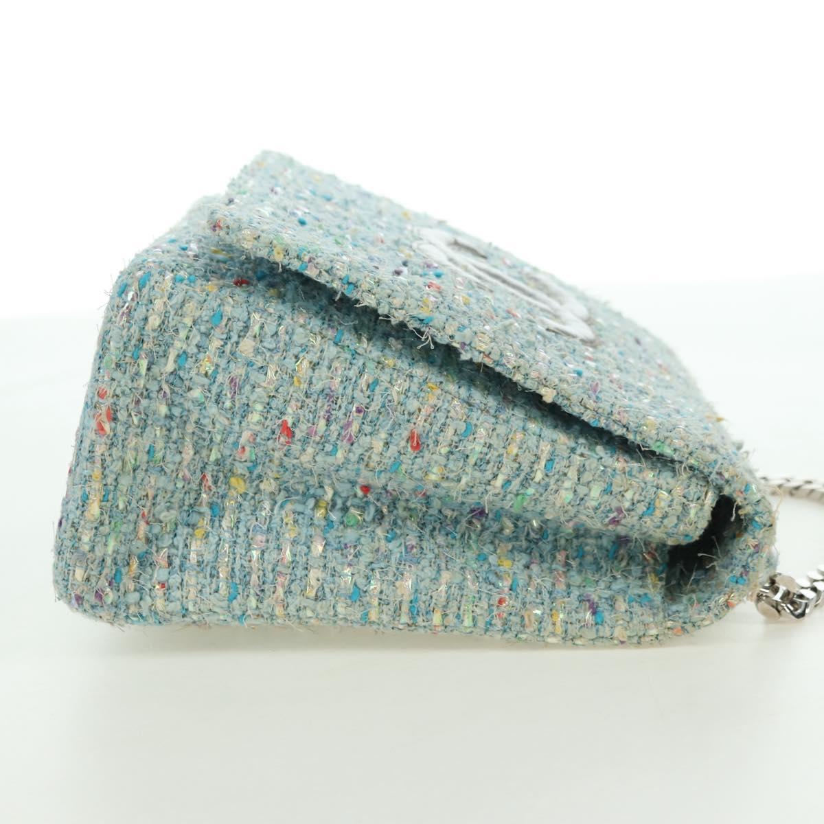 CHANEL Chain Hand Bag Tweed Light Blue Silver CC Auth 177972SV