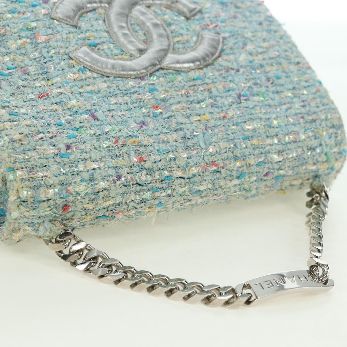 CHANEL Chain Hand Bag Tweed Light Blue Silver CC Auth 177972SV
