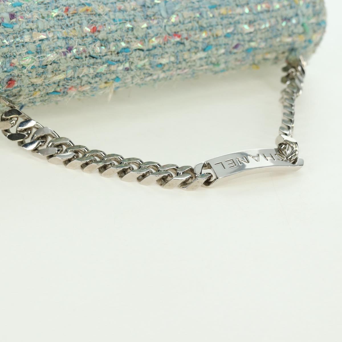 CHANEL Chain Hand Bag Tweed Light Blue Silver CC Auth 177972SV