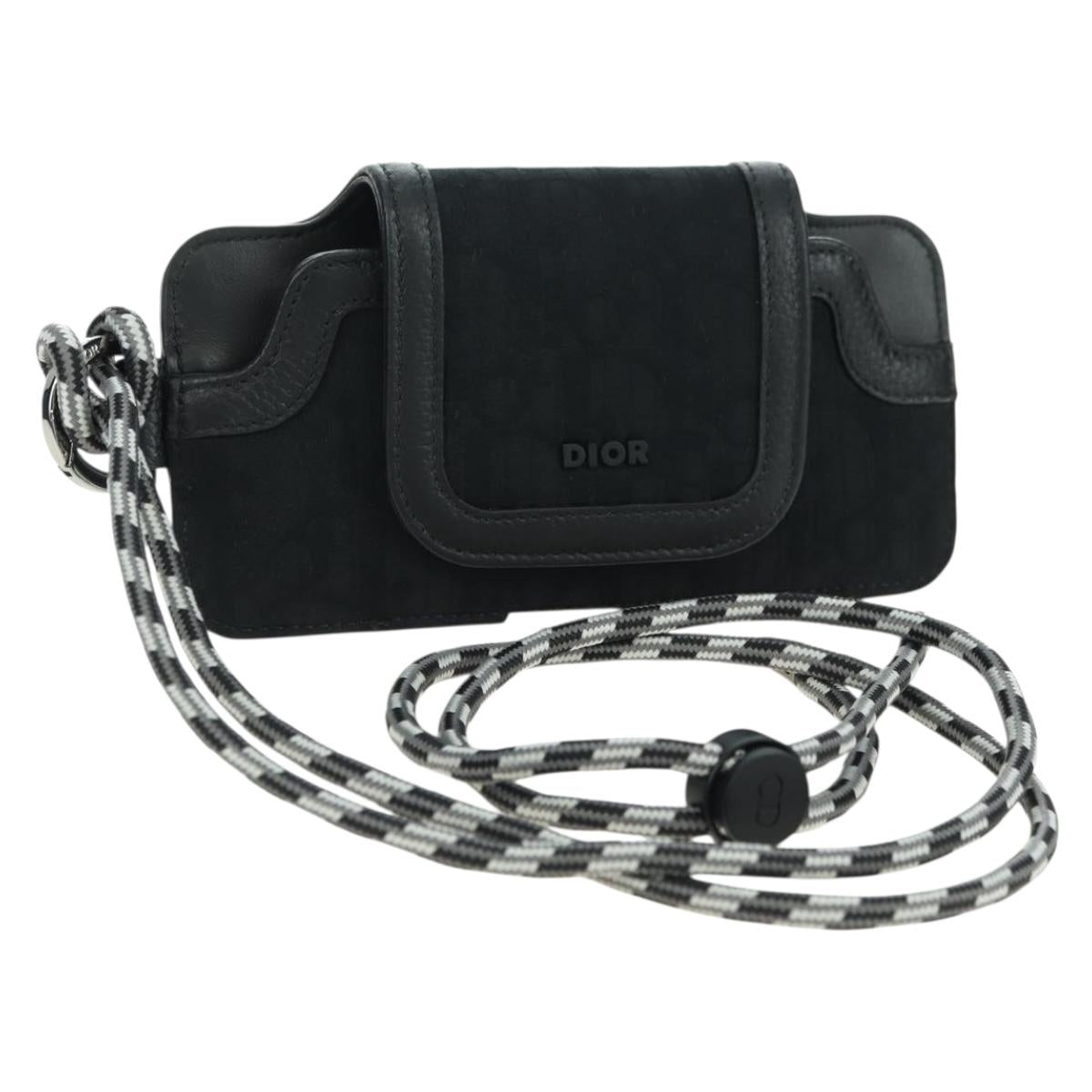 Christian Dior Trotter Canvas Neck Pouch Black Silver Auth 177974M