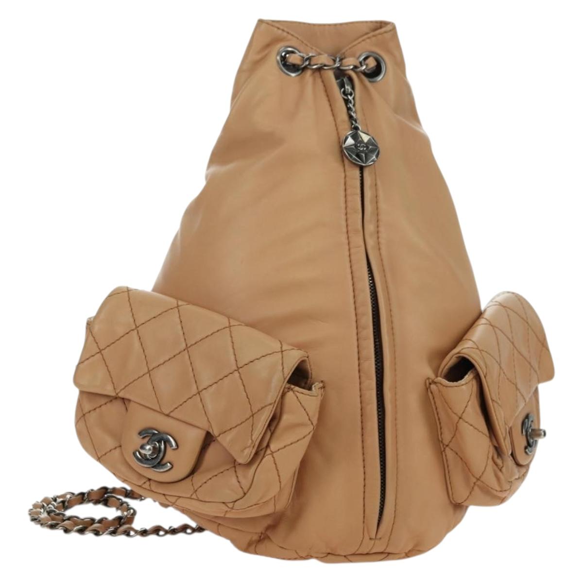 CHANEL Matelasse Chain Backpack Lamb Skin Beige Silver CC Auth 177984SAV