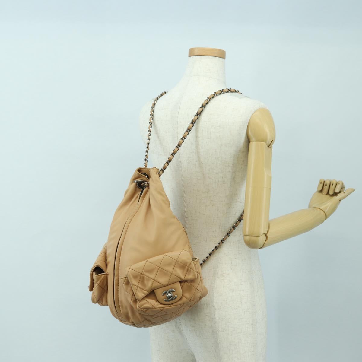 CHANEL Matelasse Chain Backpack Lamb Skin Beige Silver CC Auth 177984SAV