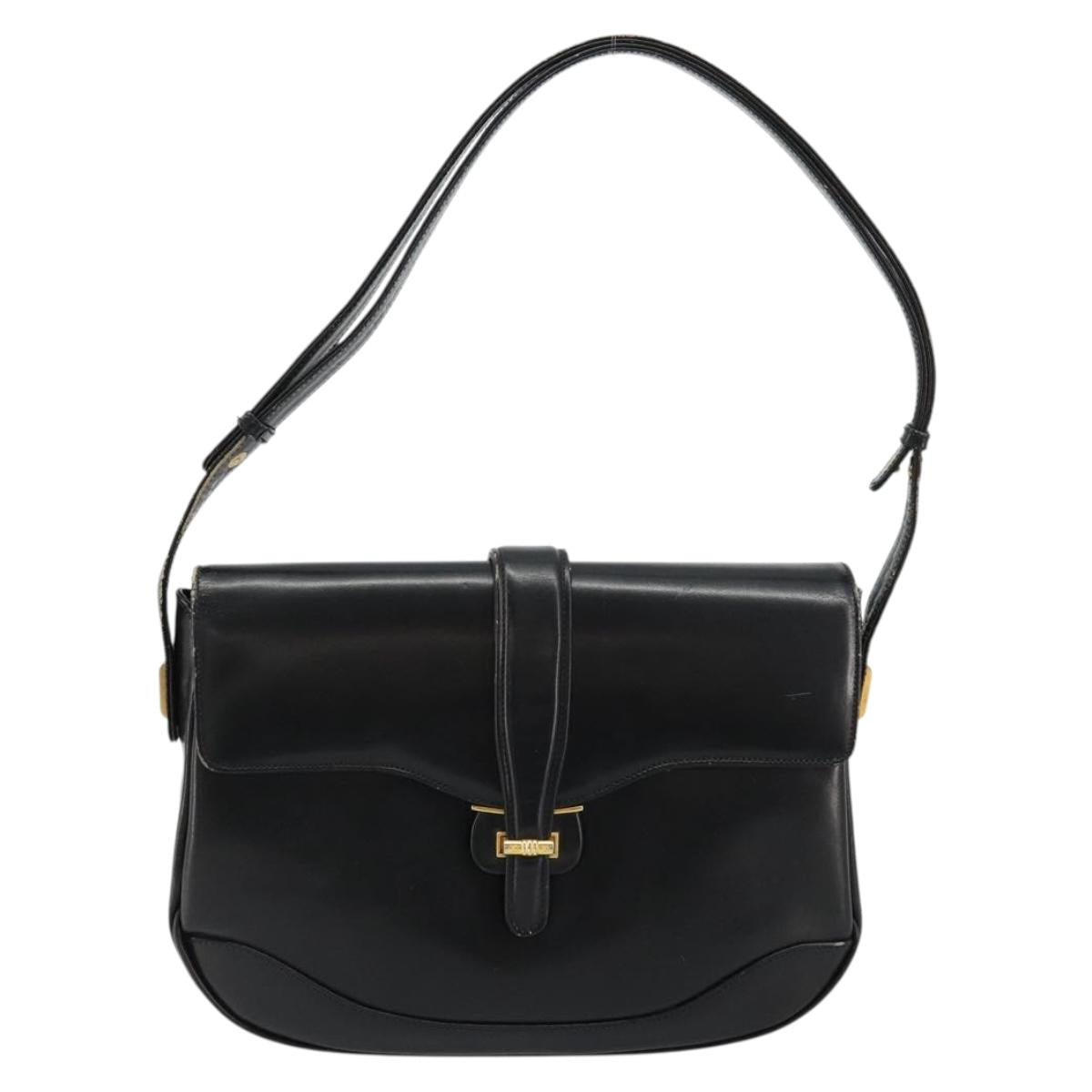 GUCCI Shoulder Bag Leather Black Gold Auth 177992