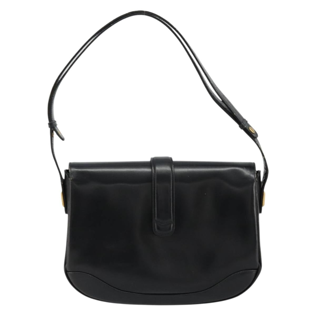 GUCCI Shoulder Bag Leather Black Gold Auth 177992