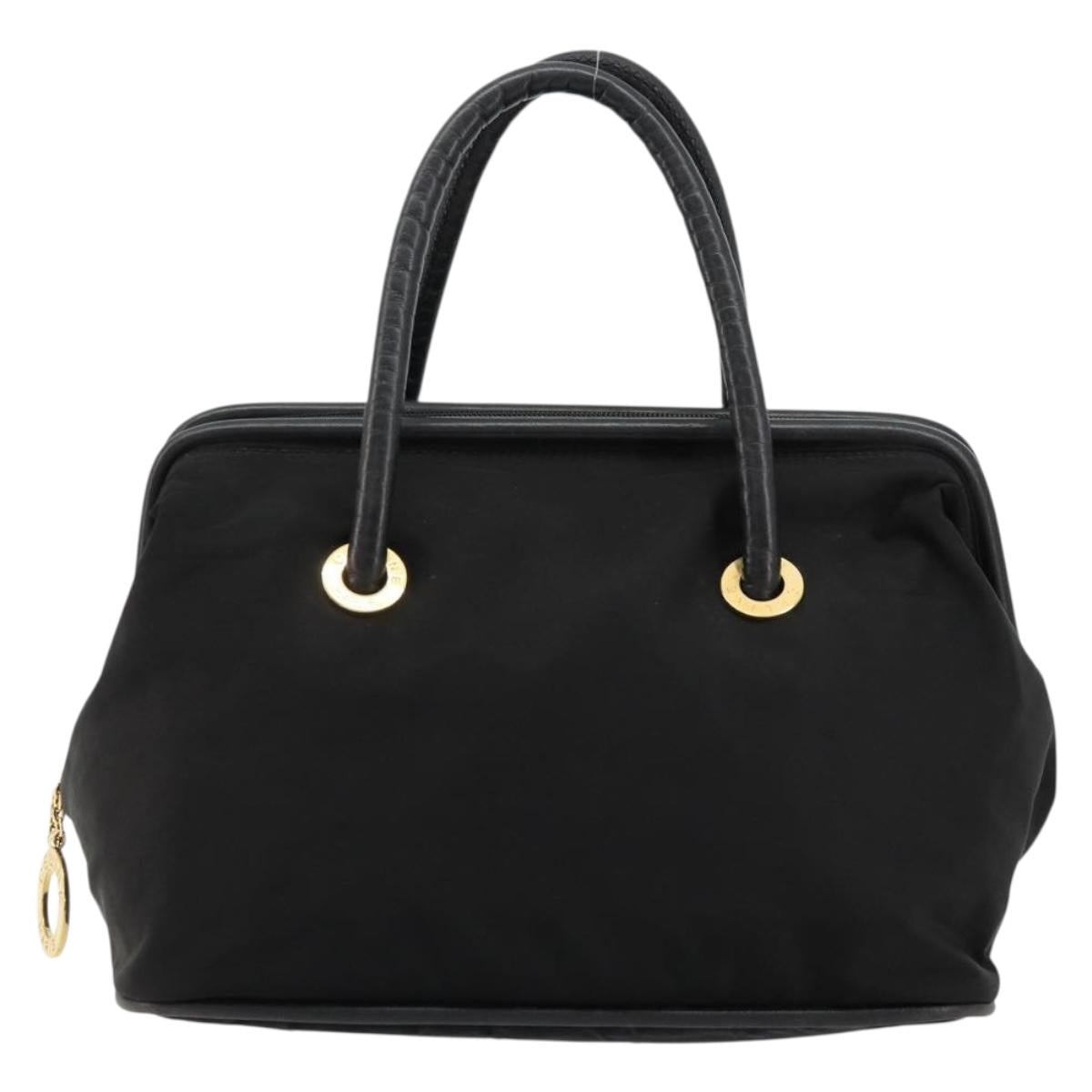CELINE Circle Hand Bag Nylon Black Gold Auth 178010