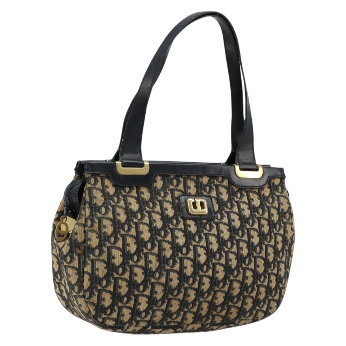Christian Dior Trotter Canvas Hand Bag Navy Gold Auth 178015