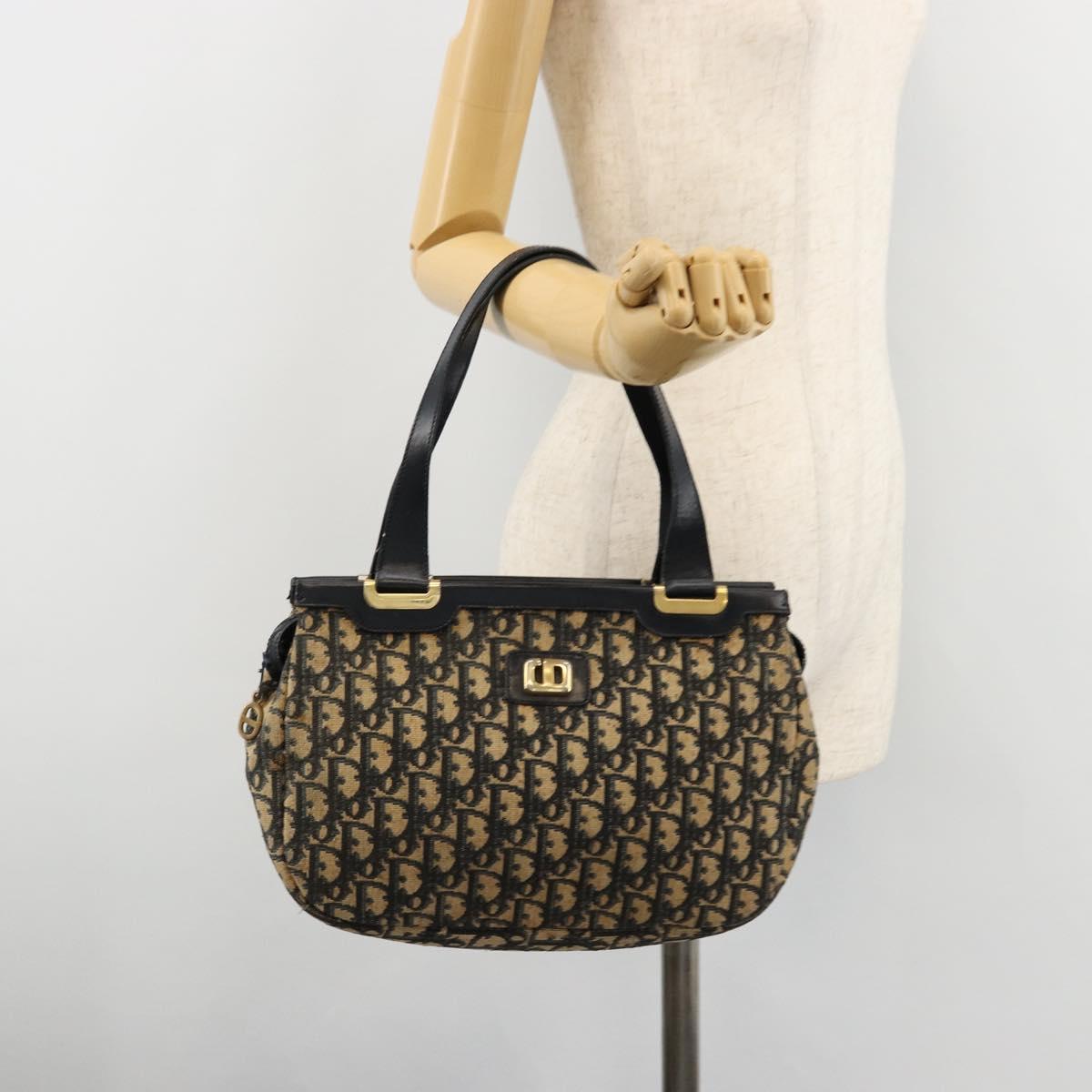 Christian Dior Trotter Canvas Hand Bag Navy Gold Auth 178015