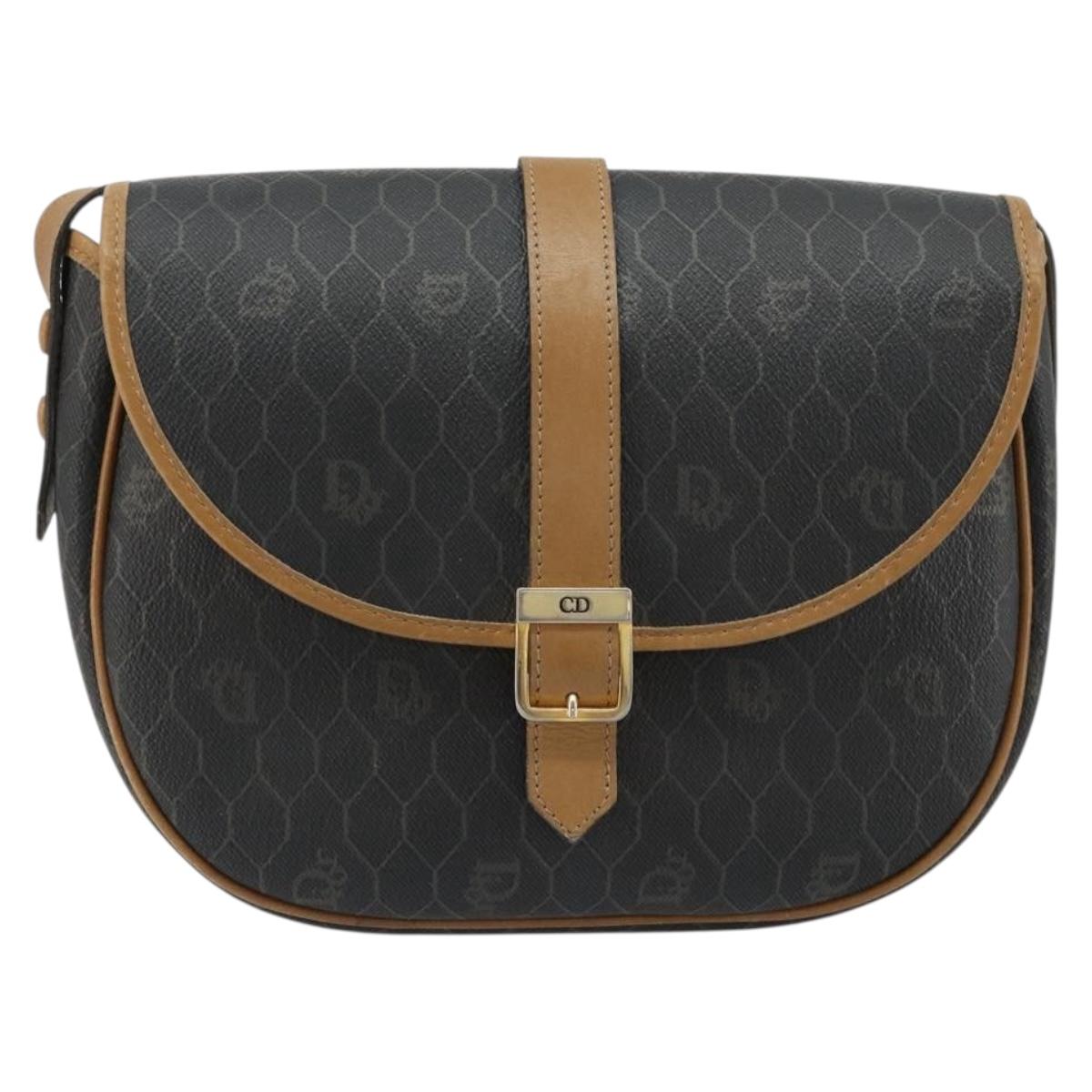 Christian Dior Honeycomb Canvas Shoulder Bag PVC Black Gold Auth 178016