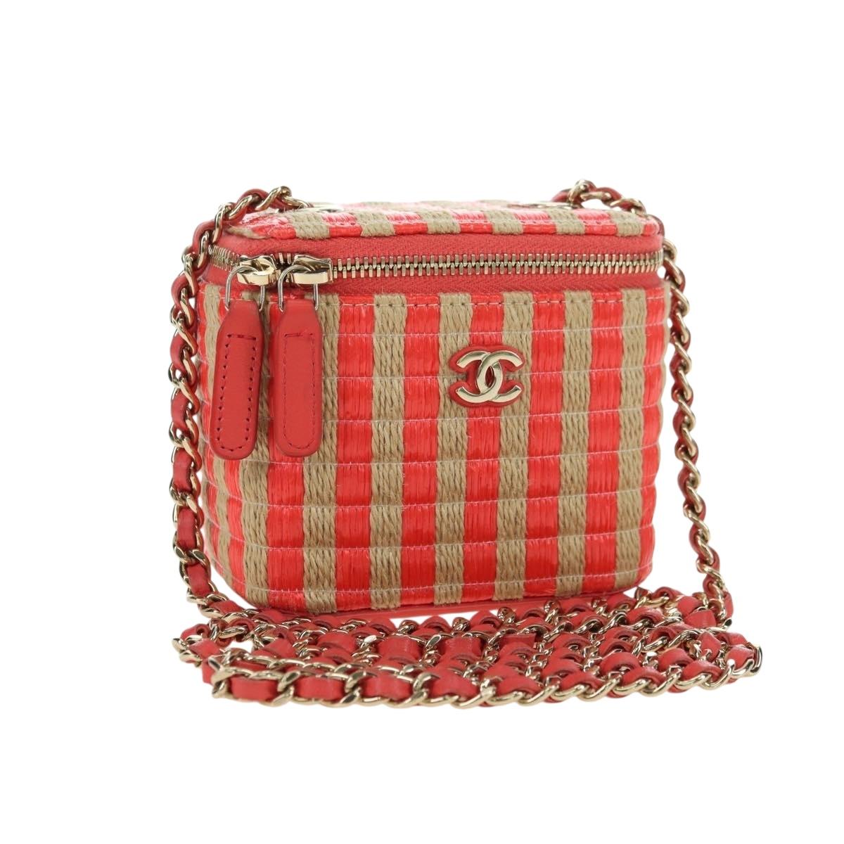 CHANEL Chain Vanity Shoulder Bag Raffia Red Gold CC Auth 178044SM