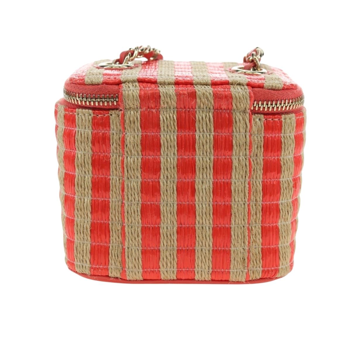 CHANEL Chain Vanity Shoulder Bag Raffia Red Gold CC Auth 178044SM