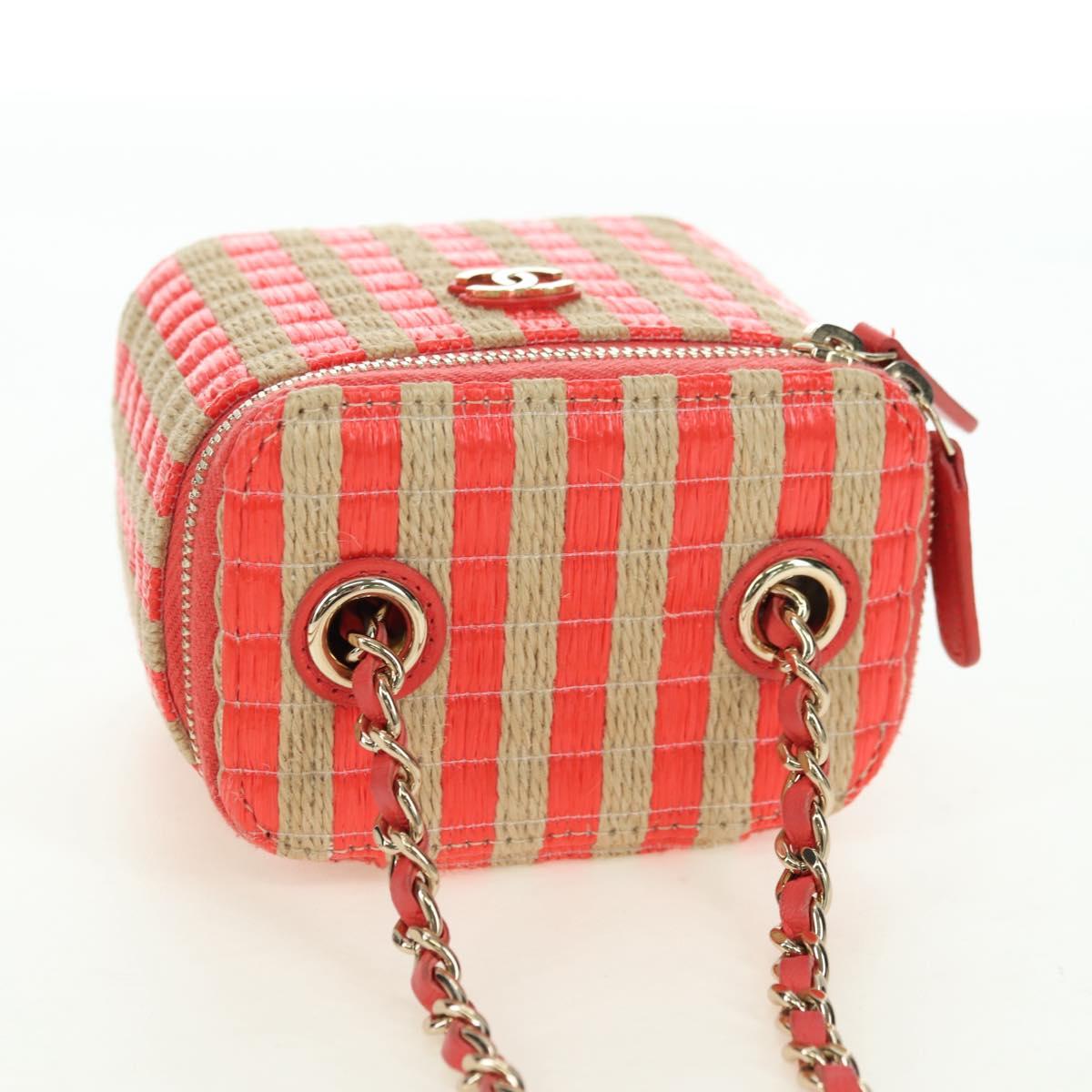 CHANEL Chain Vanity Shoulder Bag Raffia Red Gold CC Auth 178044SM