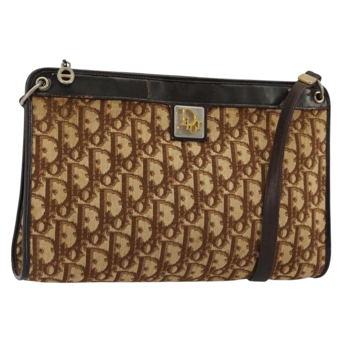Christian Dior Trotter Canvas Shoulder Bag Beige Gold Auth 178063
