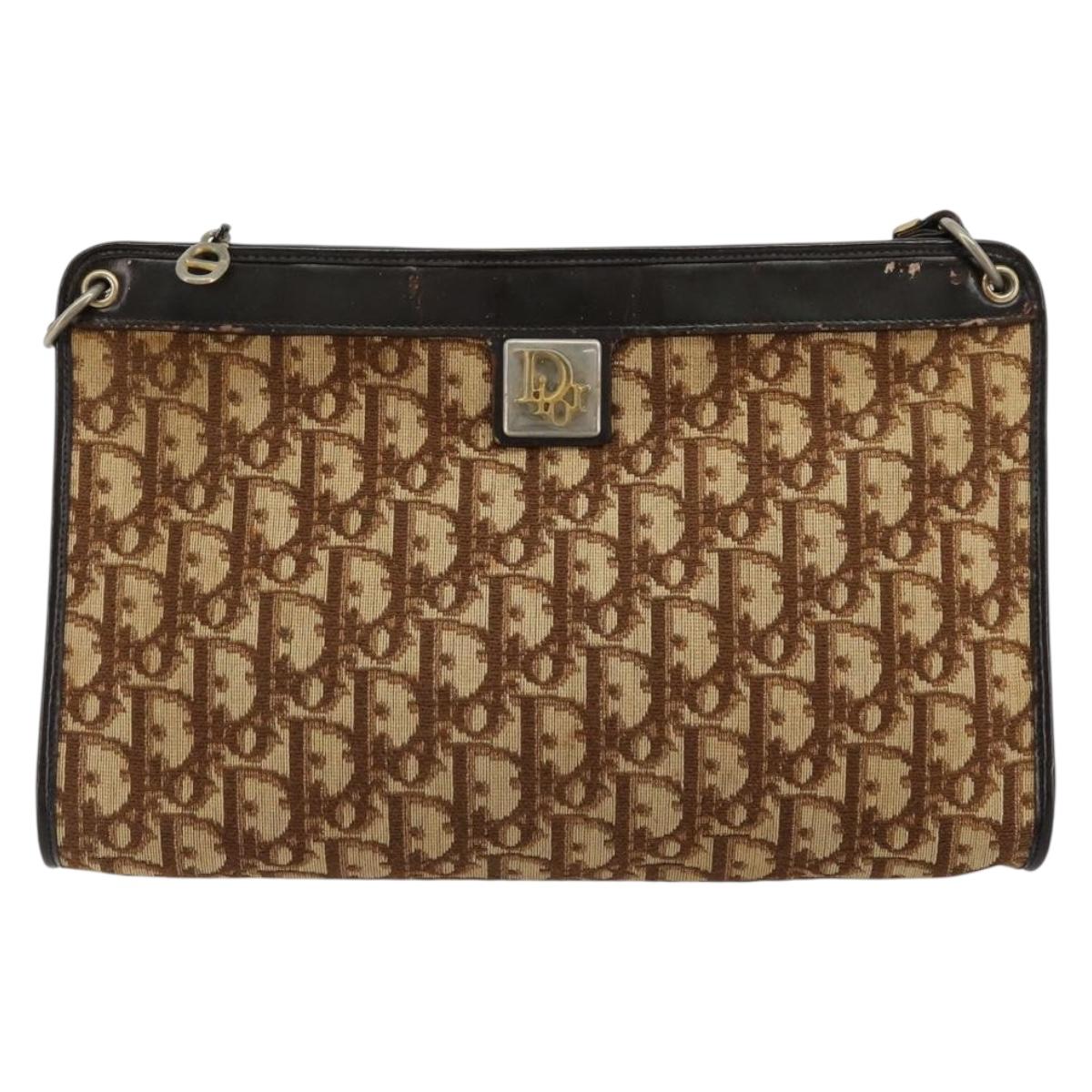 Christian Dior Trotter Canvas Shoulder Bag Beige Gold Auth 178063