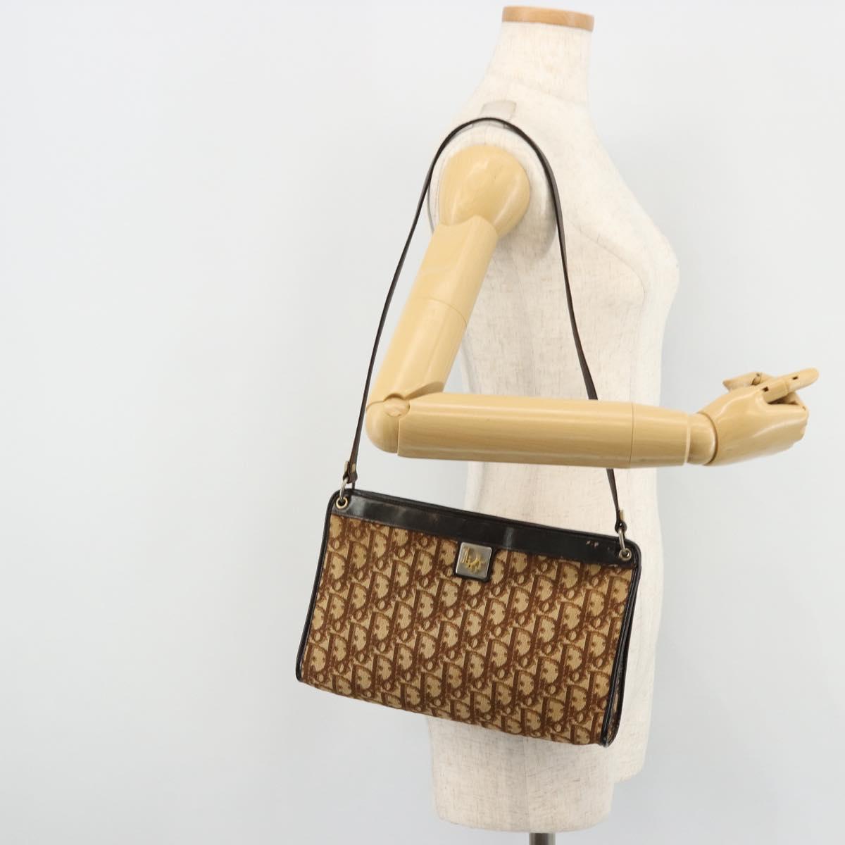 Christian Dior Trotter Canvas Shoulder Bag Beige Gold Auth 178063