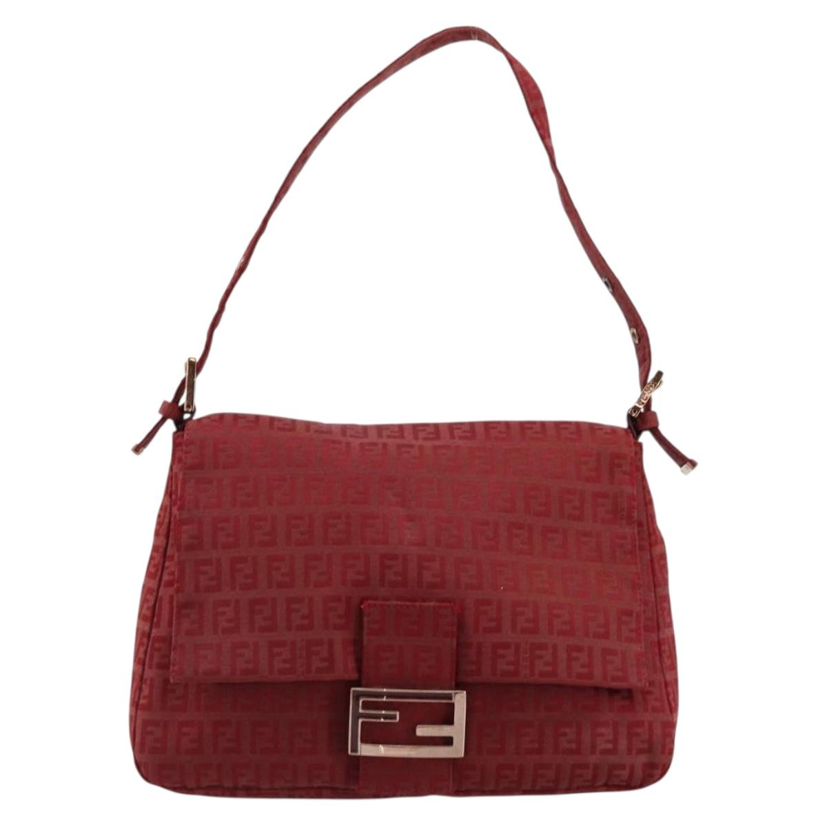 FENDI Zucchino Canvas Mamma Baguette Shoulder Bag Red Gold Auth 178066V
