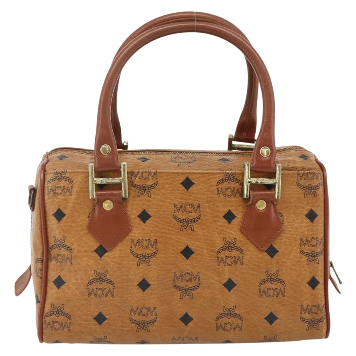 MCM Logogram Vicetos Boston Bag PVC Brown Gold Auth 178073A