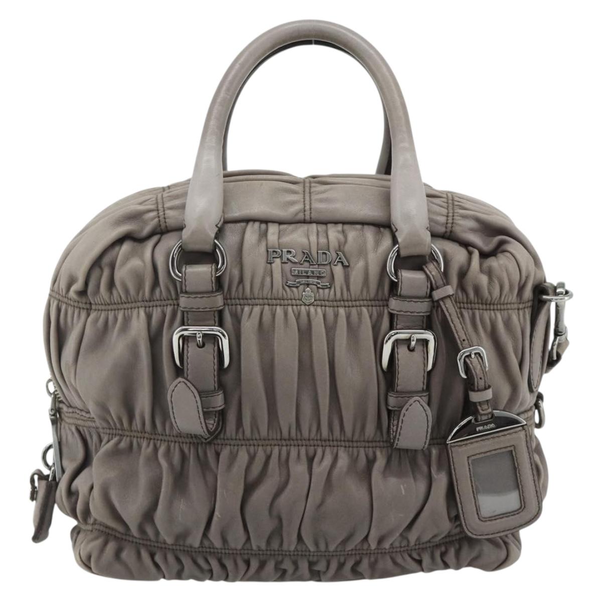 PRADA Gathered Hand Bag Leather 2way Gray Silver Auth 178080A