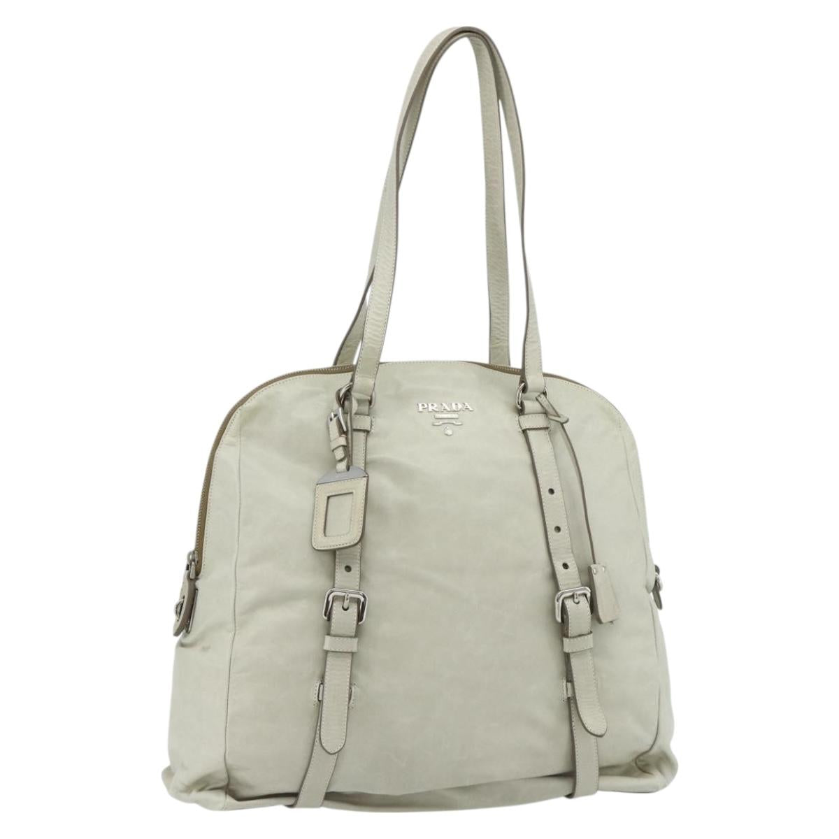 PRADA Tote Bag Leather Ivory Silver Auth 178082A