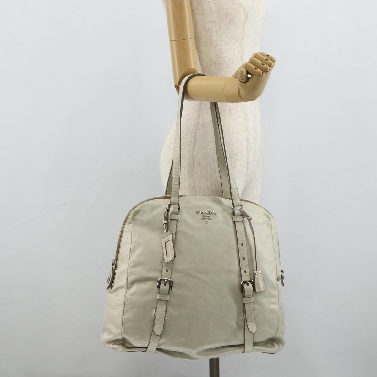 PRADA Tote Bag Leather Ivory Silver Auth 178082A