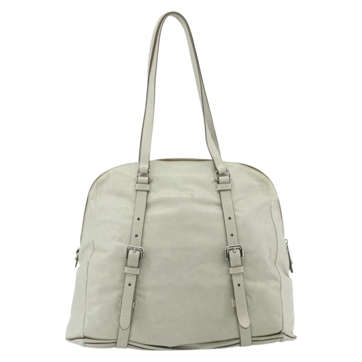 PRADA Tote Bag Leather Ivory Silver Auth 178082A