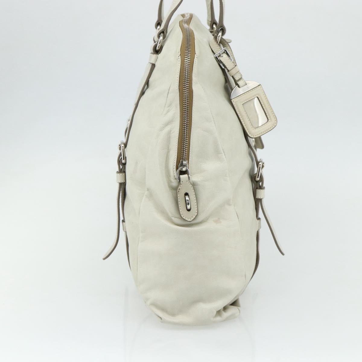 PRADA Tote Bag Leather Ivory Silver Auth 178082A