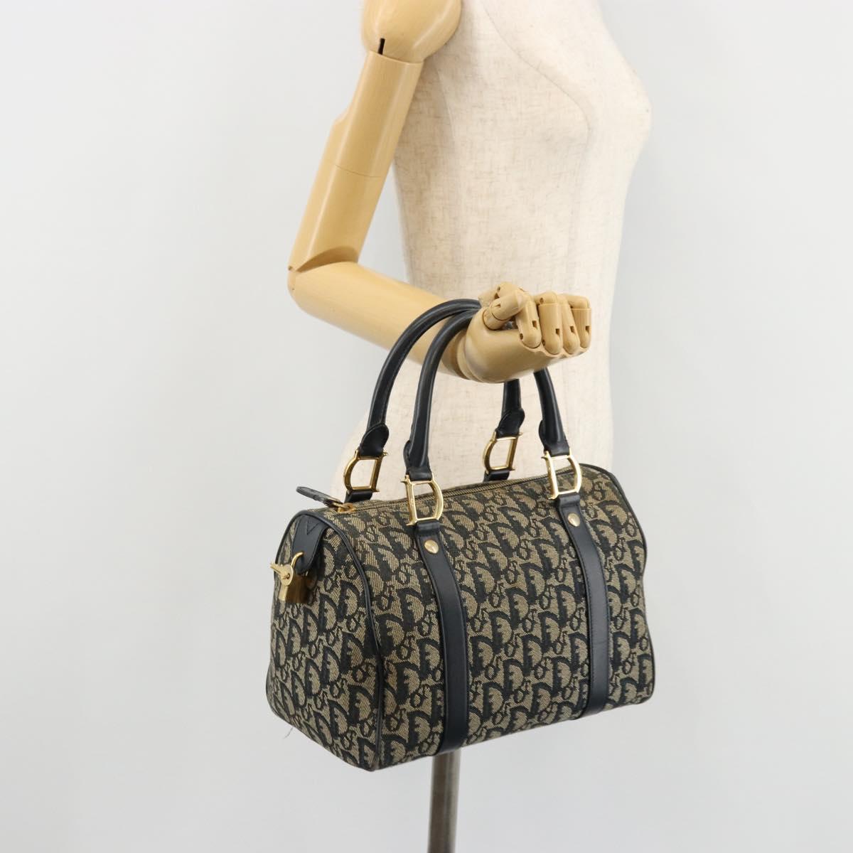 Christian Dior Trotter Canvas Hand Bag Navy Gold Auth 178101