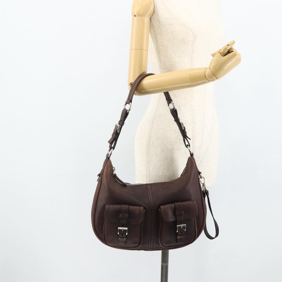 PRADA Shoulder Bag Leather Brown Silver Auth 178118A
