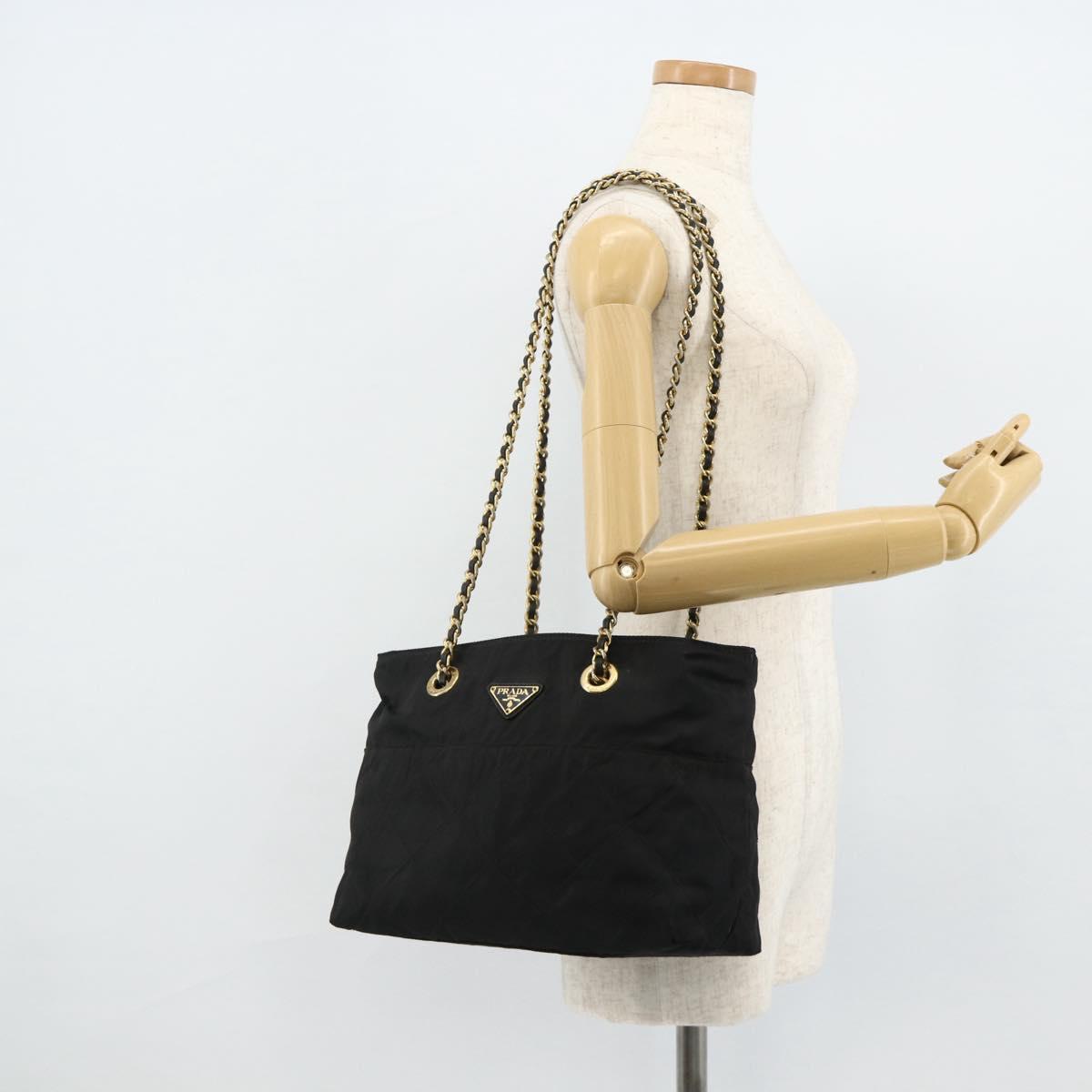 PRADA Chain Tote Bag Nylon Black Gold Auth 178129