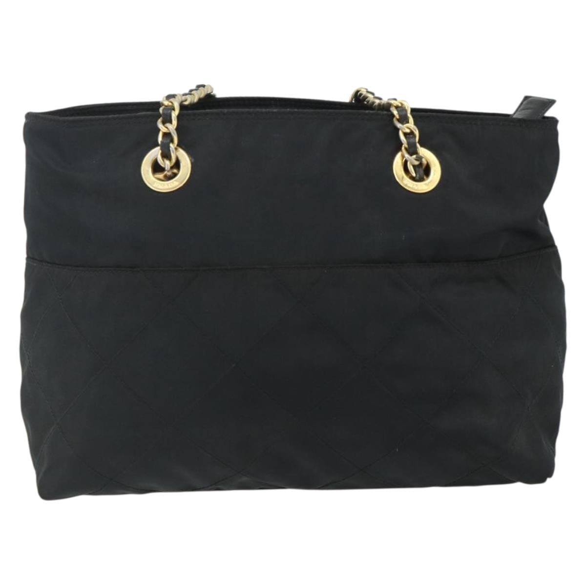 PRADA Chain Tote Bag Nylon Black Gold Auth 178129