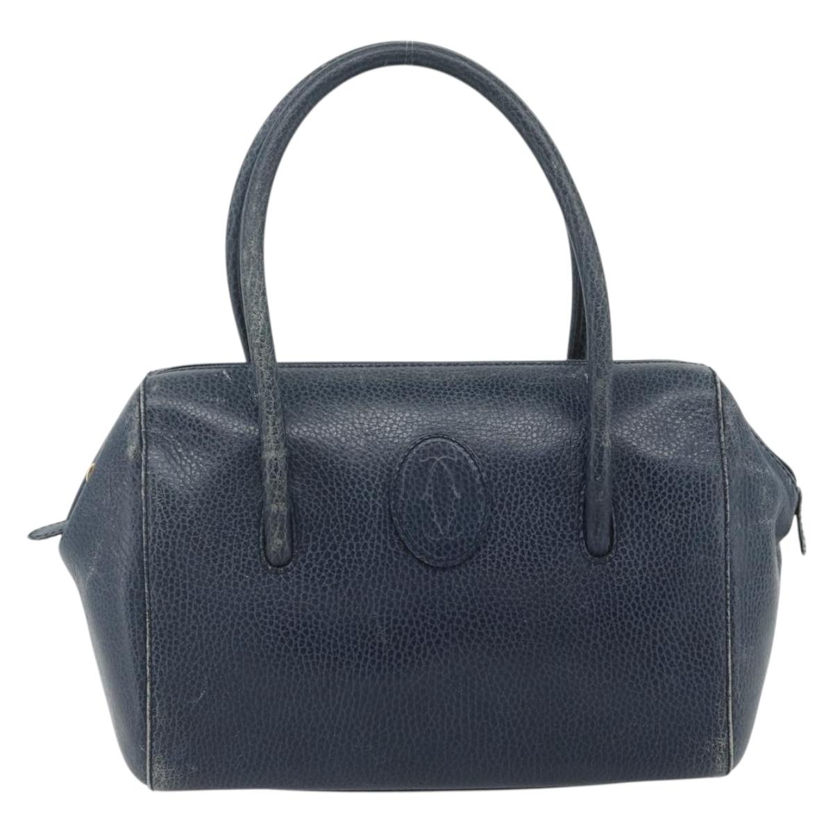 CARTIER Must Line Hand Bag Leather Navy Gold Auth 178134