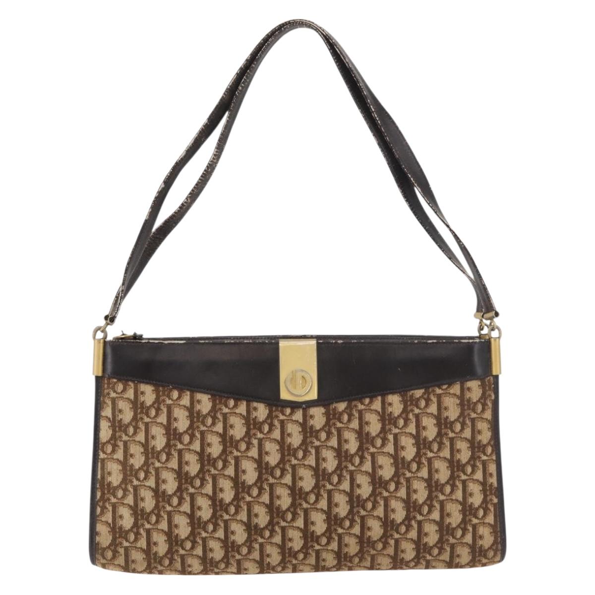 Christian Dior Trotter Canvas Shoulder Bag Brown Gold Auth 178153