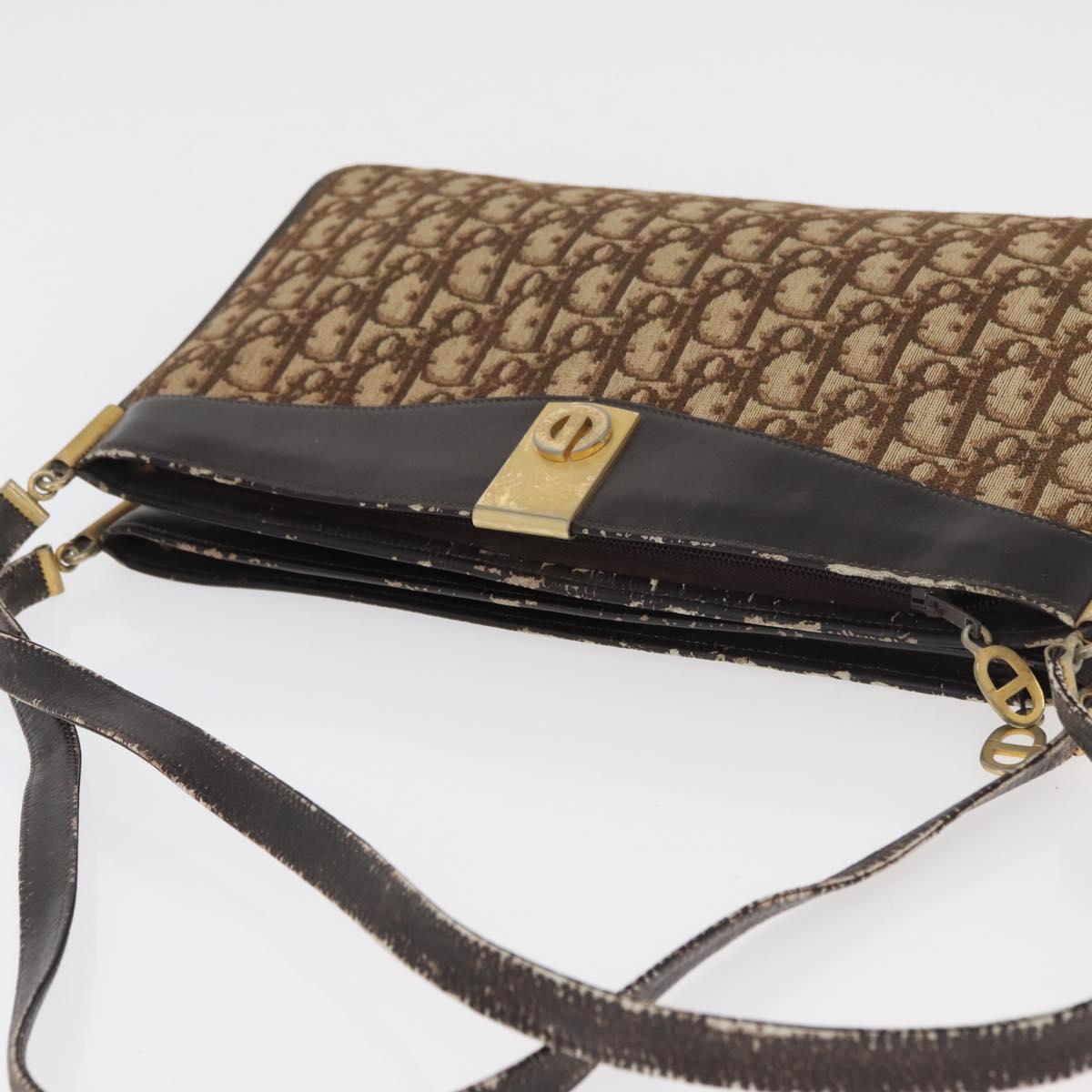 Christian Dior Trotter Canvas Shoulder Bag Brown Gold Auth 178153