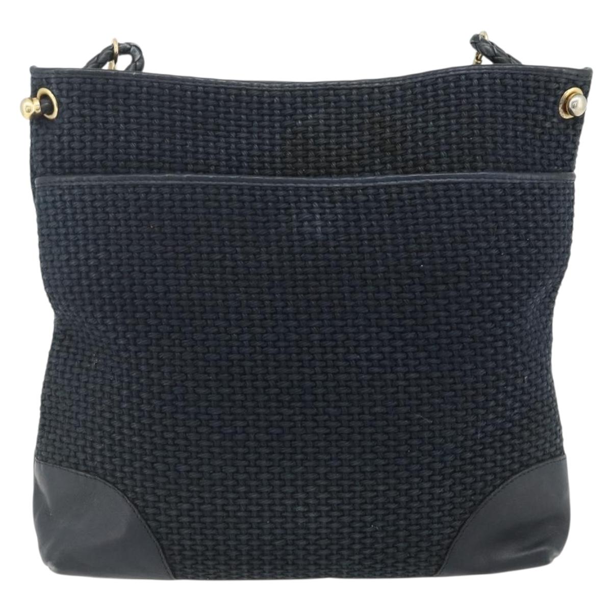 BOTTEGA VENETA Shoulder Bag straw Navy Gold Auth 178160
