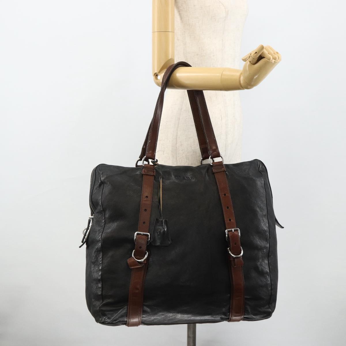PRADA Tote Bag Leather Black Silver Auth 178161