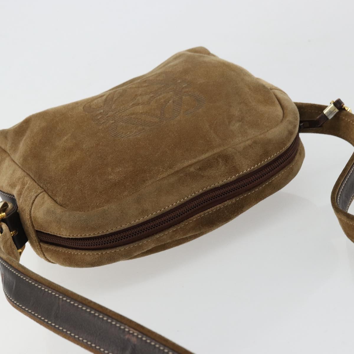 LOEWE Anagram Shoulder Bag Suede Gold Beige Auth 178167