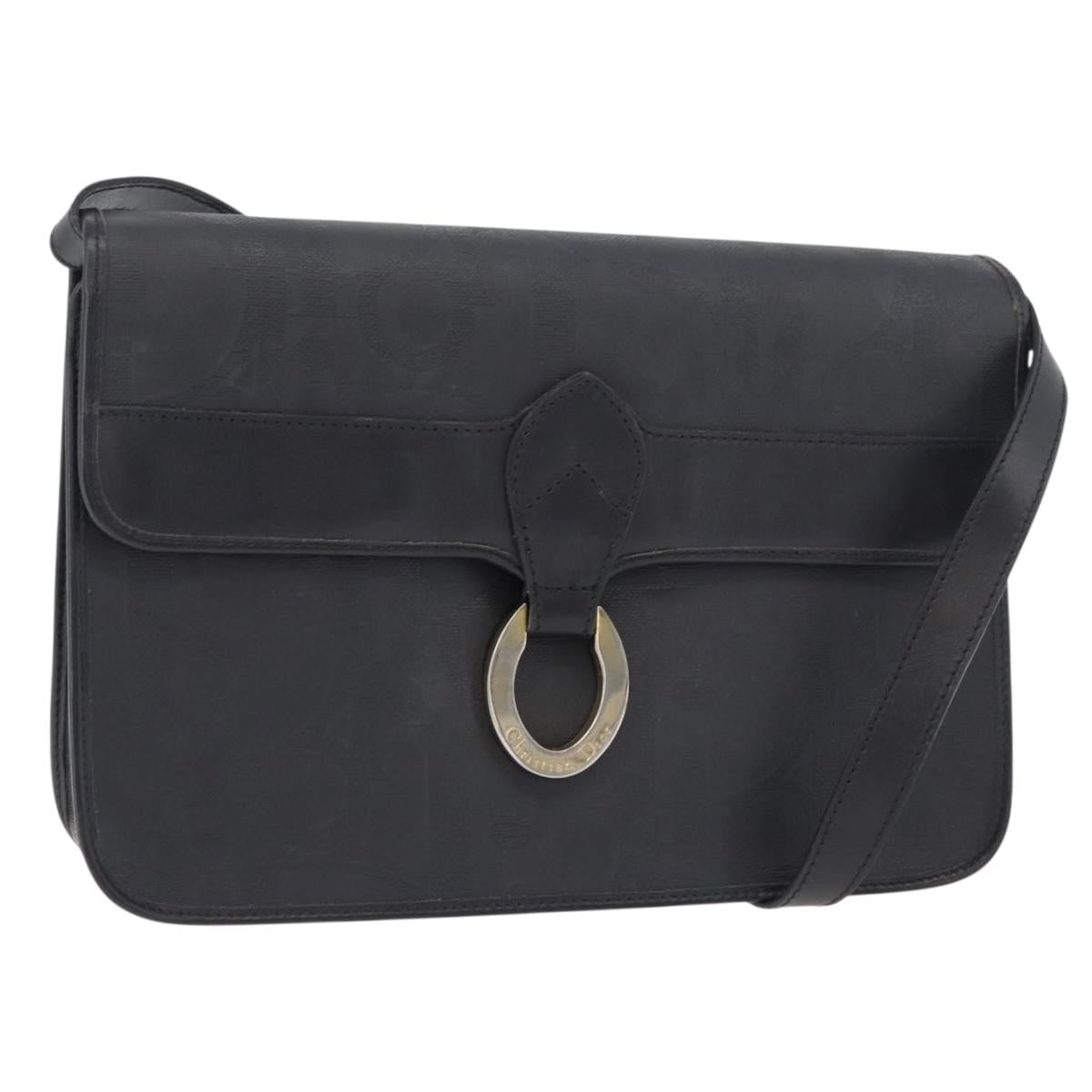 Christian Dior Trotter Canvas Shoulder Bag PVC Black Gold Auth 178171