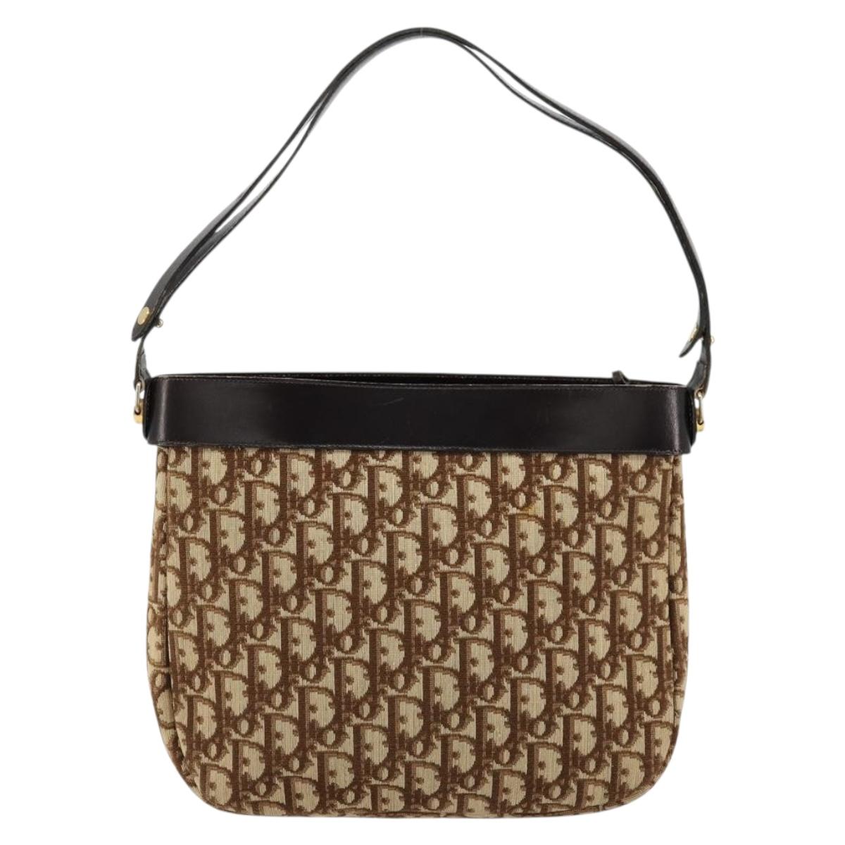 Christian Dior Trotter Canvas Shoulder Bag Brown Gold Auth 178175