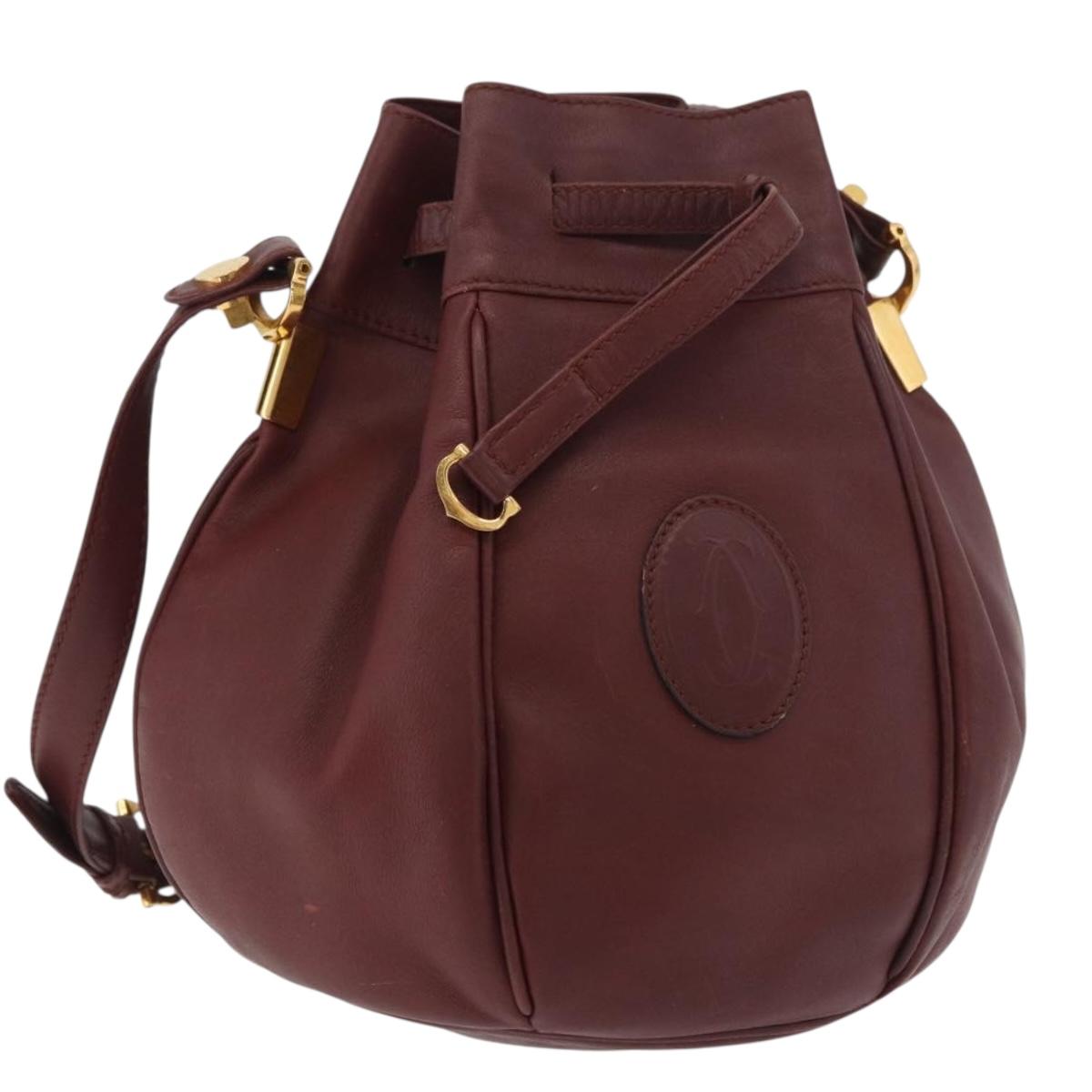 CARTIER Must Line Purse Shoulder Bag Leather Bordeaux Gold Auth 178187