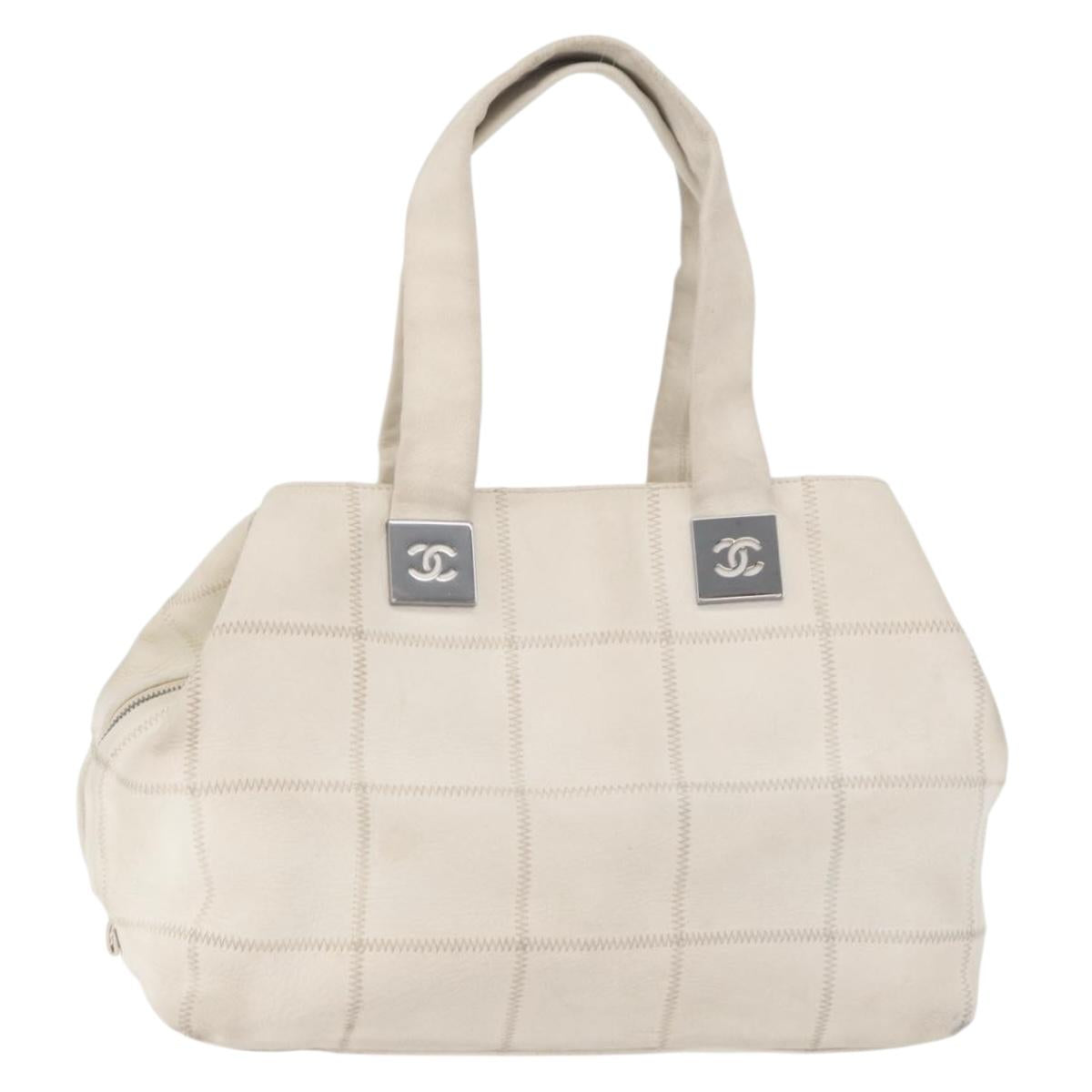 CHANEL Choco Bar Hand Bag Leather White Silver CC Auth 178206