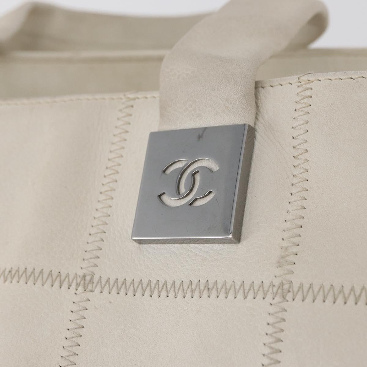 CHANEL Choco Bar Hand Bag Leather White Silver CC Auth 178206