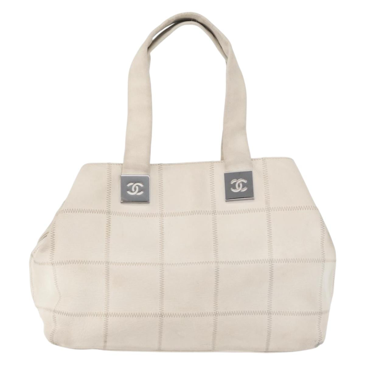CHANEL Choco Bar Hand Bag Leather White Silver CC Auth 178206