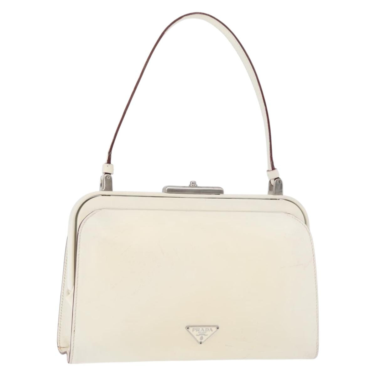PRADA Hand Bag Leather White Silver Auth 178207