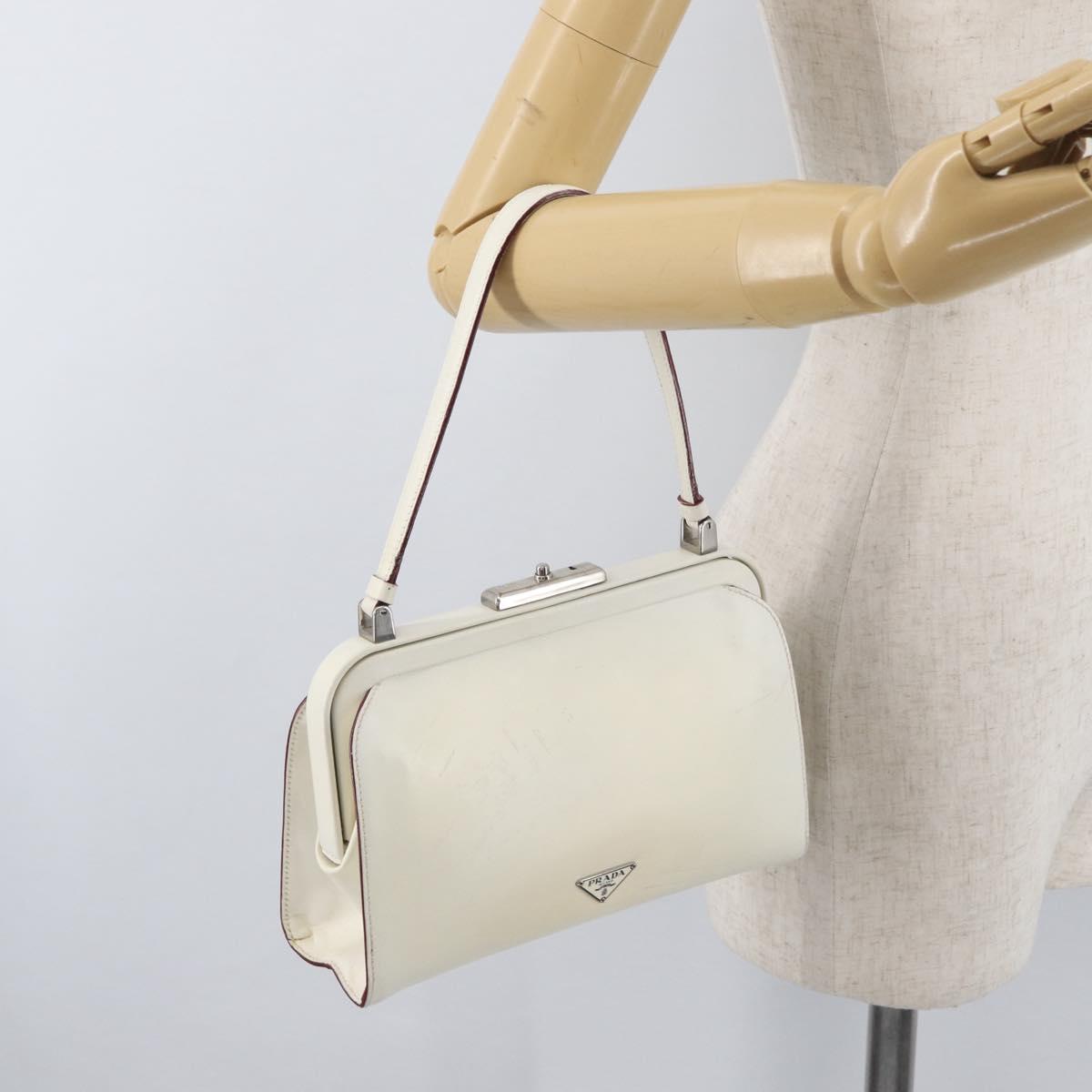 PRADA Hand Bag Leather White Silver Auth 178207
