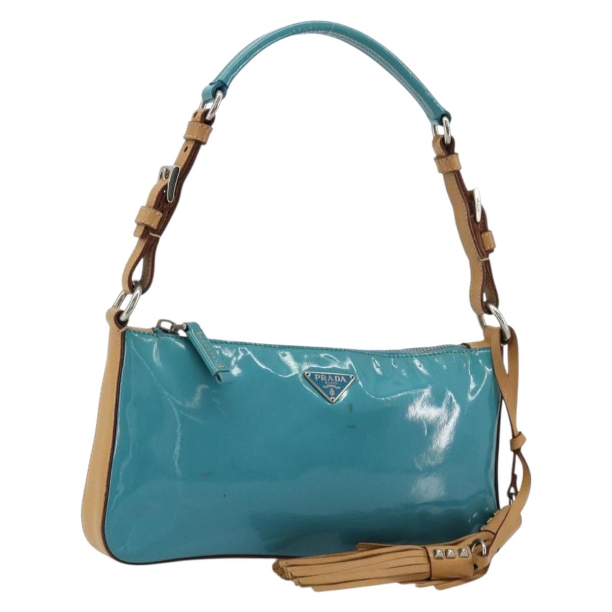 PRADA Shoulder Bag Patent leather Turquoise Blue Silver Auth 178208