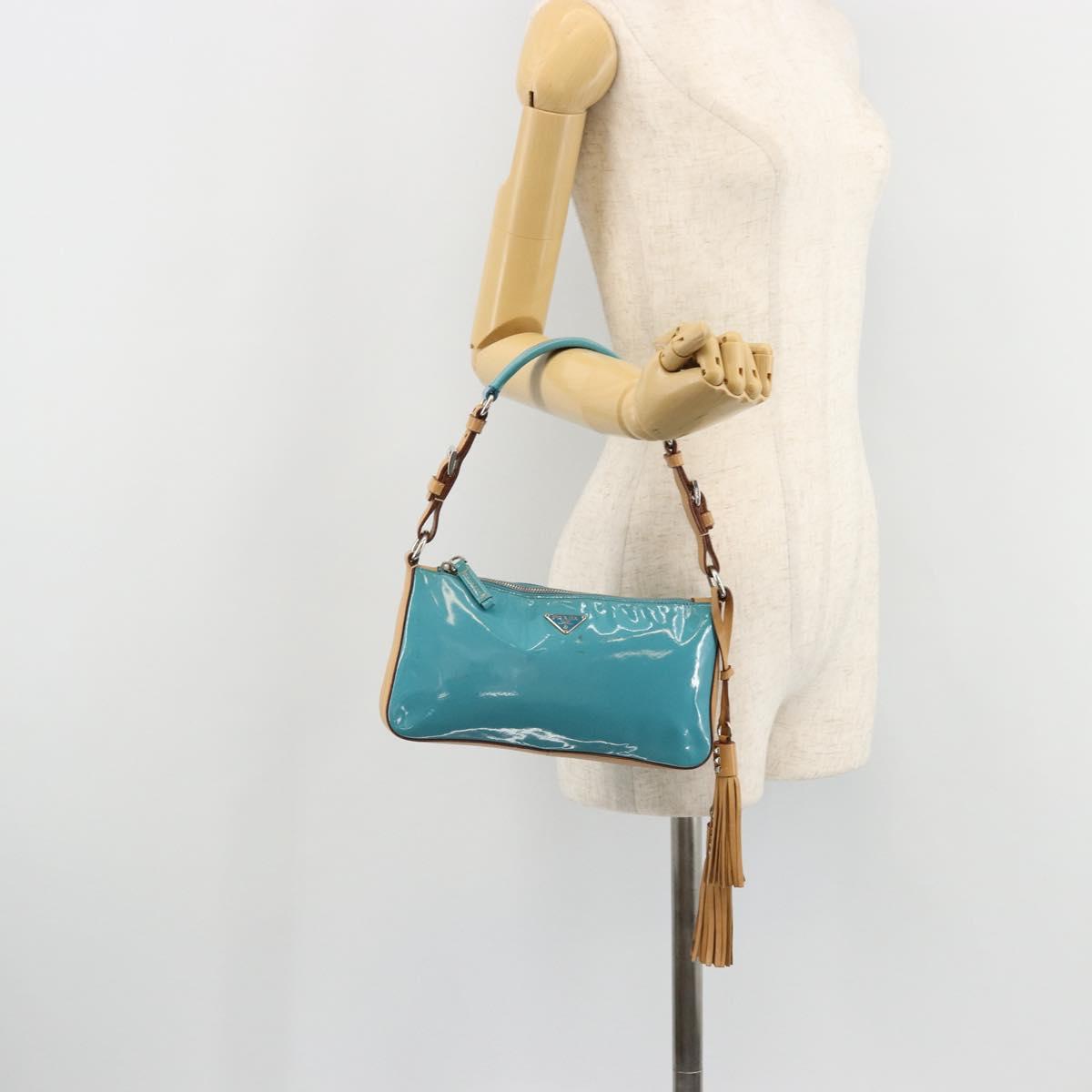 PRADA Shoulder Bag Patent leather Turquoise Blue Silver Auth 178208