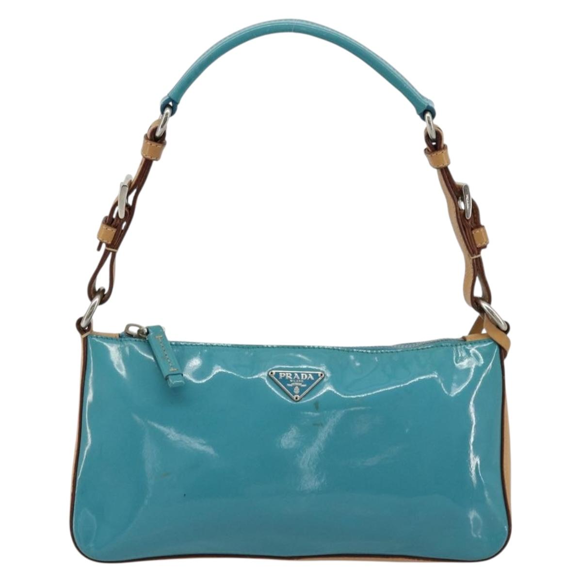 PRADA Shoulder Bag Patent leather Turquoise Blue Silver Auth 178208