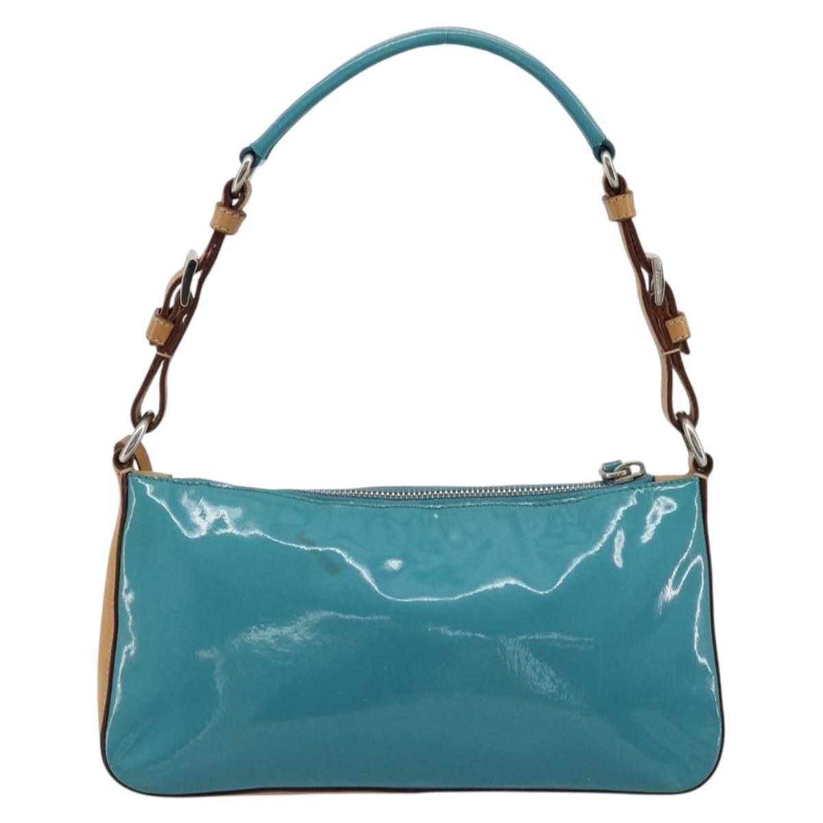 PRADA Shoulder Bag Patent leather Turquoise Blue Silver Auth 178208