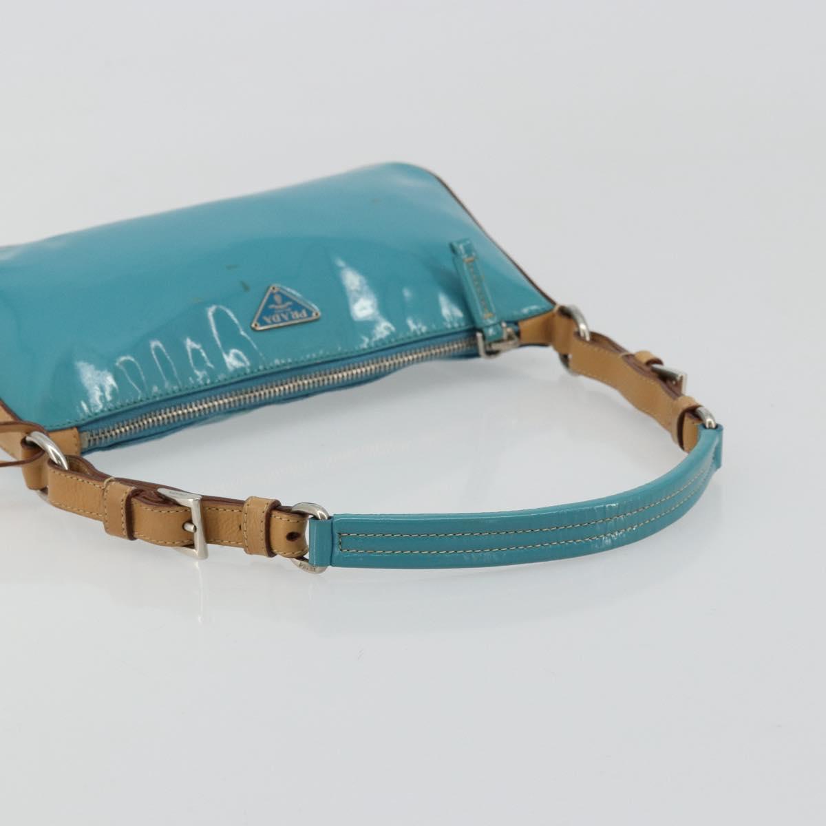 PRADA Shoulder Bag Patent leather Turquoise Blue Silver Auth 178208