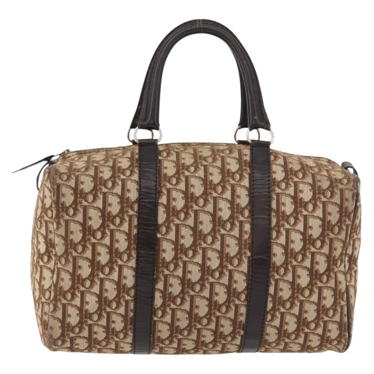 Christian Dior Trotter Canvas Hand Bag Brown Silver Auth 178218